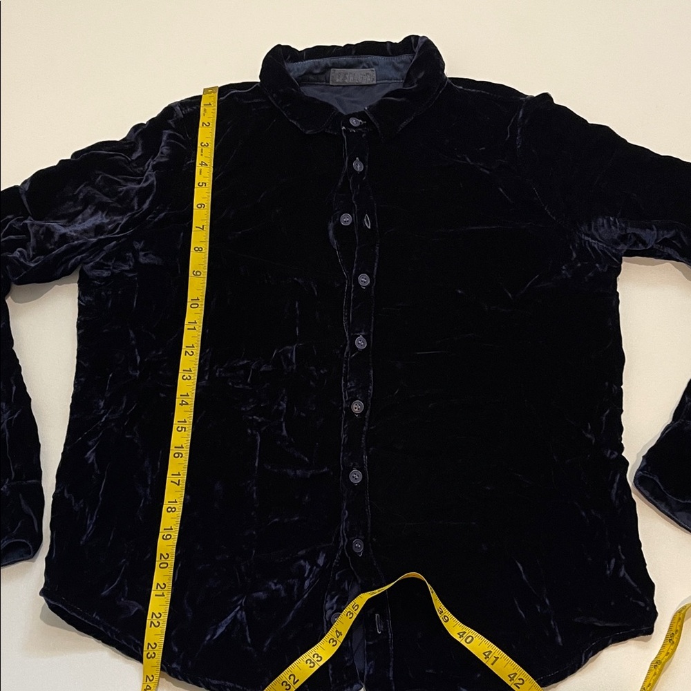CP Shades Silk Blend Plush Velvet Button-Up Top in Deep Blue - Picture 3 of 6